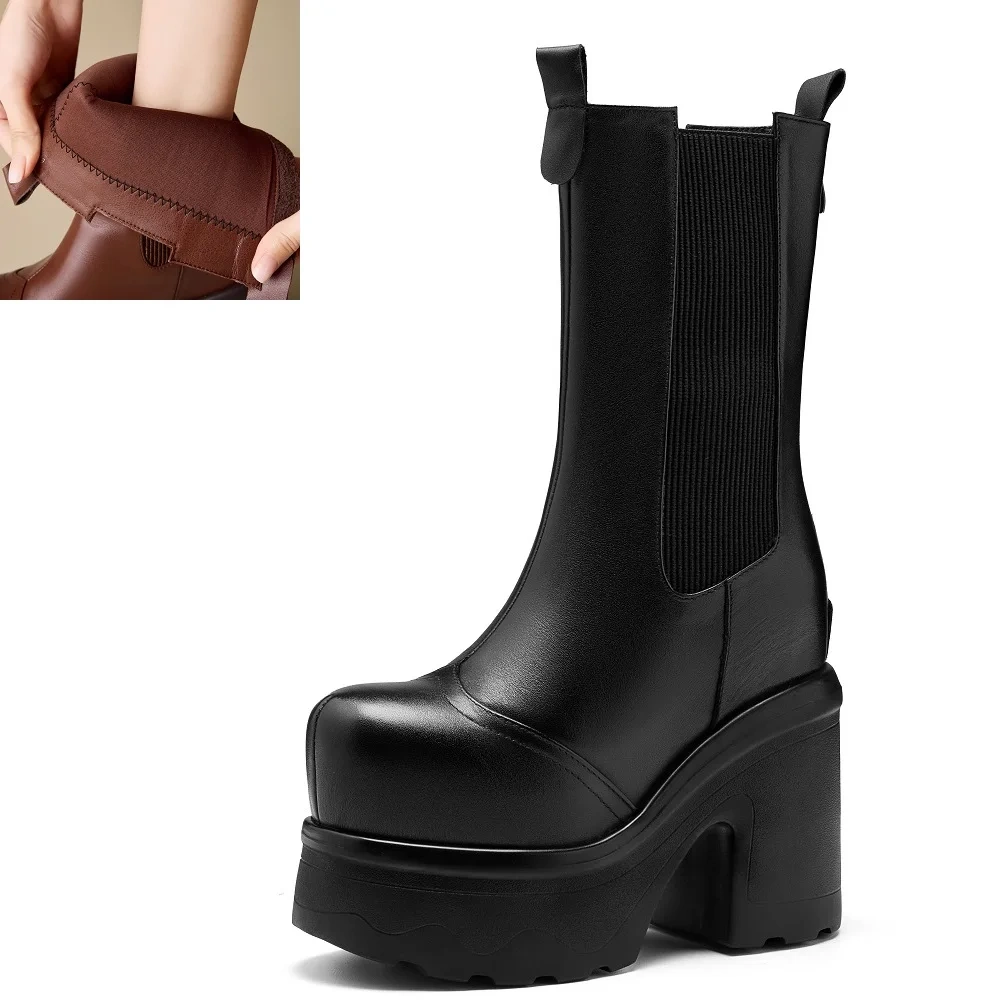 Women's 14CM Block Heel Real Leather Spring Autumn Winter Round Toe Slip-On Platform Anti-Slip Comfortable Mid-Calf Boots 51125