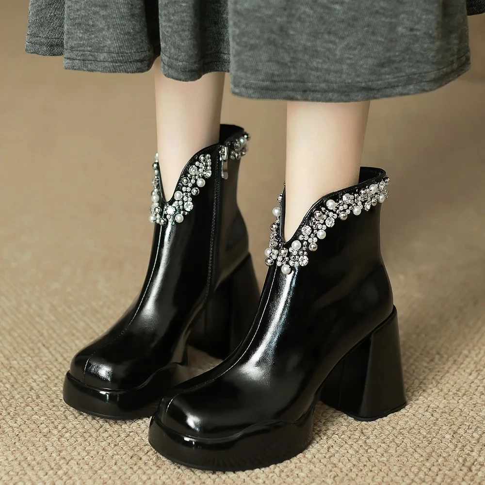 Fall Spring 10 CM Block Heel Women Genuine Leather Fashion V-Cut Zipper Pearl Crystals Winter Plush Slim-Fit Ankle Boots 51129