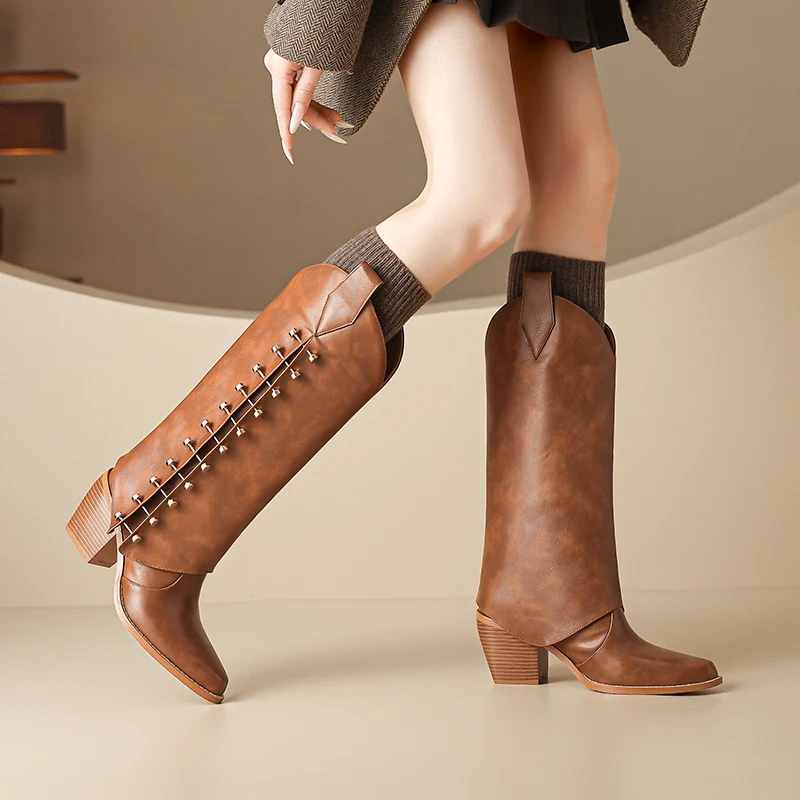 Autumn Winter Retro Maillard Style Women's Genuine Leather 7CM Block Heel Pointed Toe Fashion Rivets Niche Mid-Calf Boots 51119