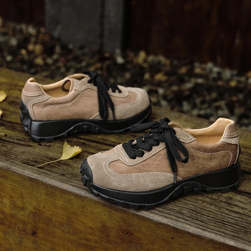 Retro Lace up Horsehide Women's Hiking Shoes Color Block Non Slip Wear Resistant 1.5 CM Height Increasing Stitched Casual Shoes