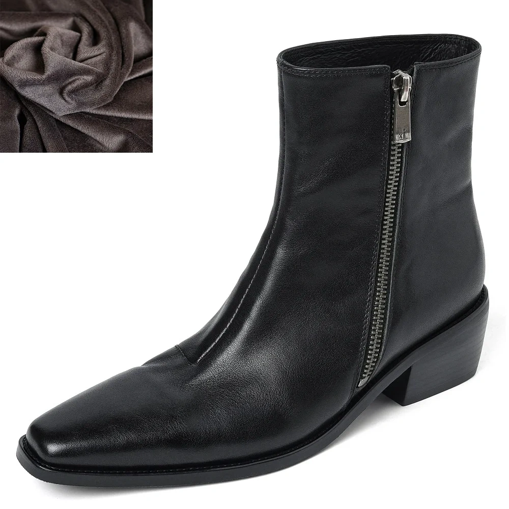 Women's Spring Autumn Chunky Heel 4.5 CM Genuine Leather Fashion Side Zipper Winter Fleece Lined Versatile Ankle Boots 60102