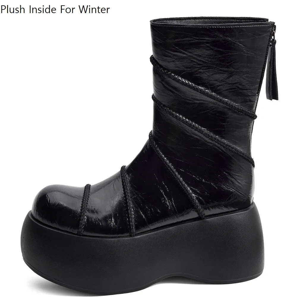 8CM Thick Sole Genuine Leather Patchwork Round Toe Platform Back Zipper Slimming Women's Ankle Boots 2025 Autumn Winter 51031