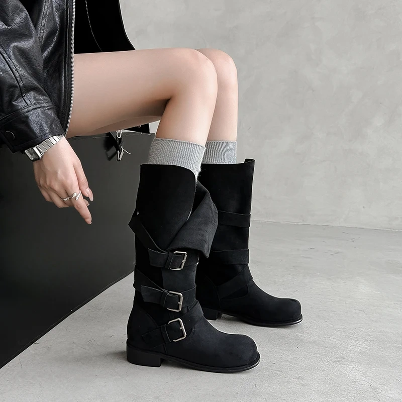 Autumn Winter Western Cowboy Women Suede Leather 3CM Block Heel Buckle Slip-On Casual Korean Plus Size 42 Mid-Calf Boots 51117