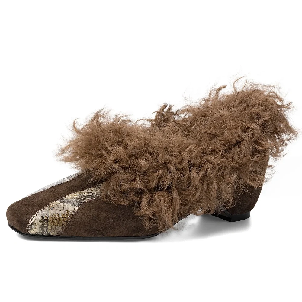 2025 Winter New Suede 4.5 CM Block Heel French Square Toe Lamb Wool Fashion Pumps Fleece-Lined Warm Slip-On Women's Shoes 51121
