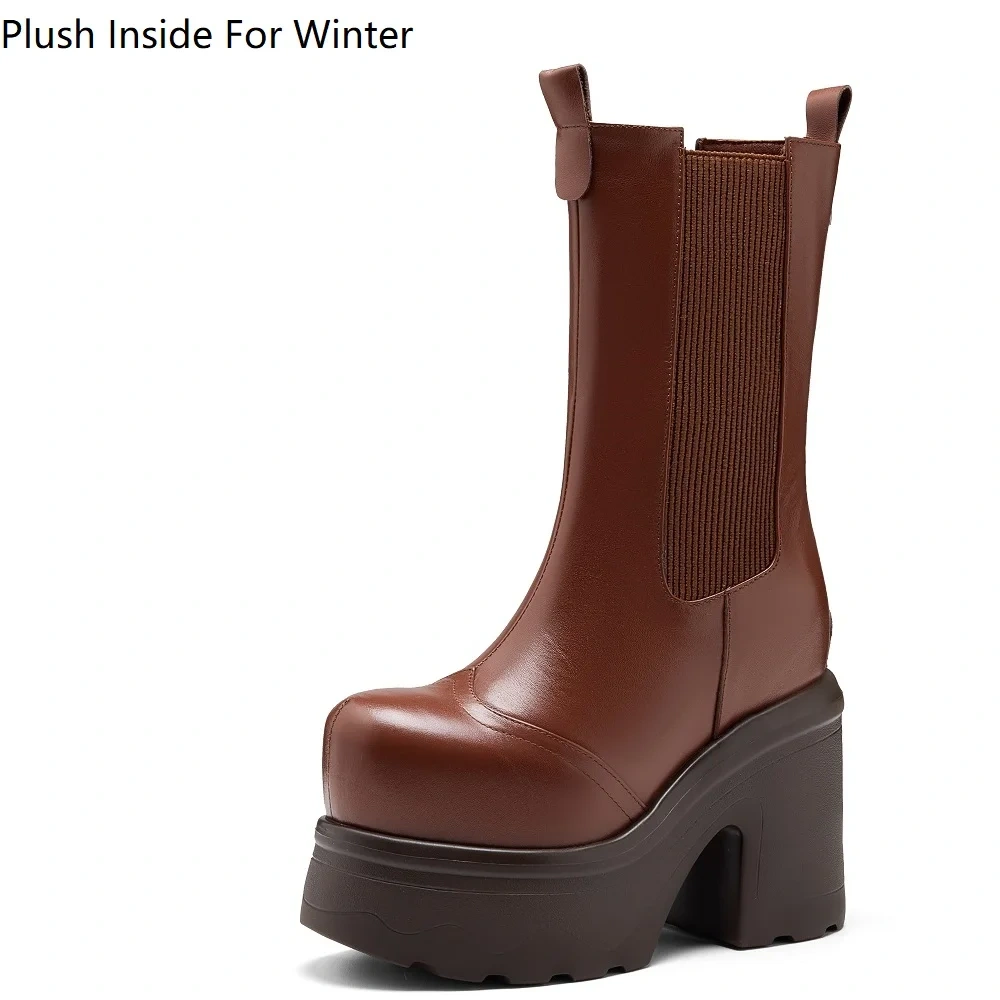 Women's 14CM Block Heel Real Leather Spring Autumn Winter Round Toe Slip-On Platform Anti-Slip Comfortable Mid-Calf Boots 51125