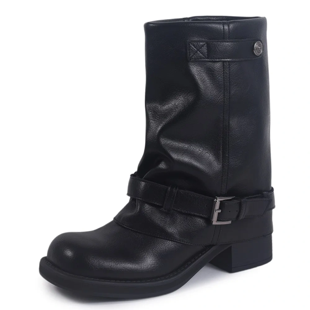 Unique Hot Girl Biker Boots Autumn Winter New Retro British Style 4.5 CM Block Heel Genuine Leather Buckle Ankle Boots 51108