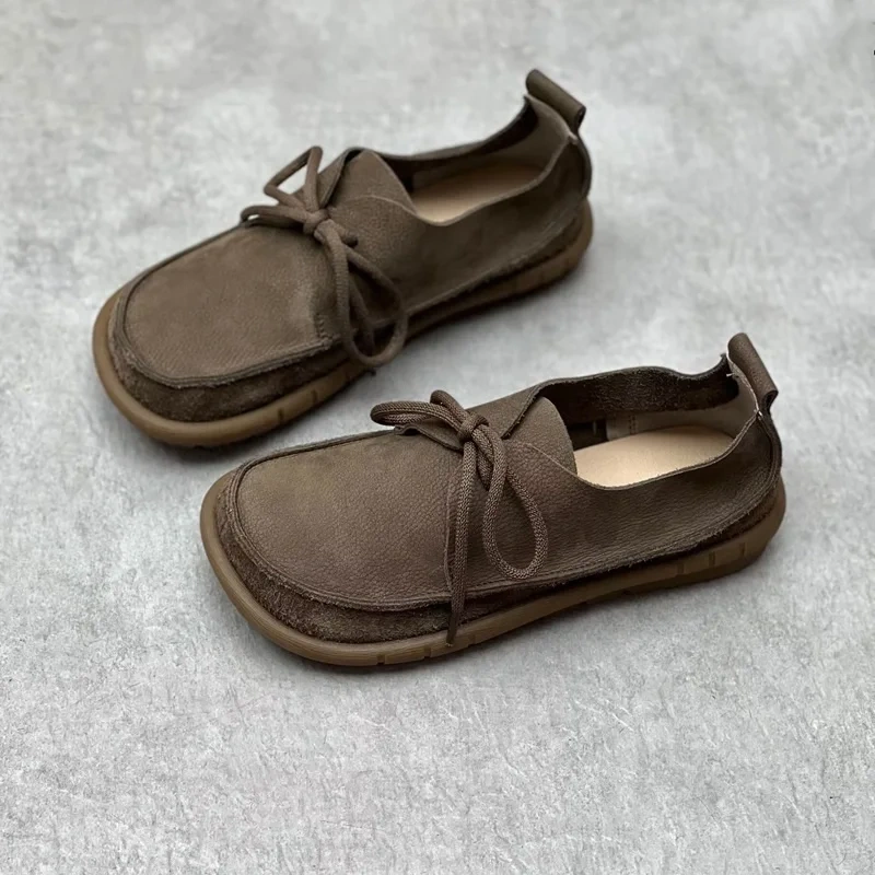 Women Sneakers Spring Autmun New Retro Leisure Chunky Bottom Sewing Cross-tied Genuine Leather Ladies Casual Shoes 2304