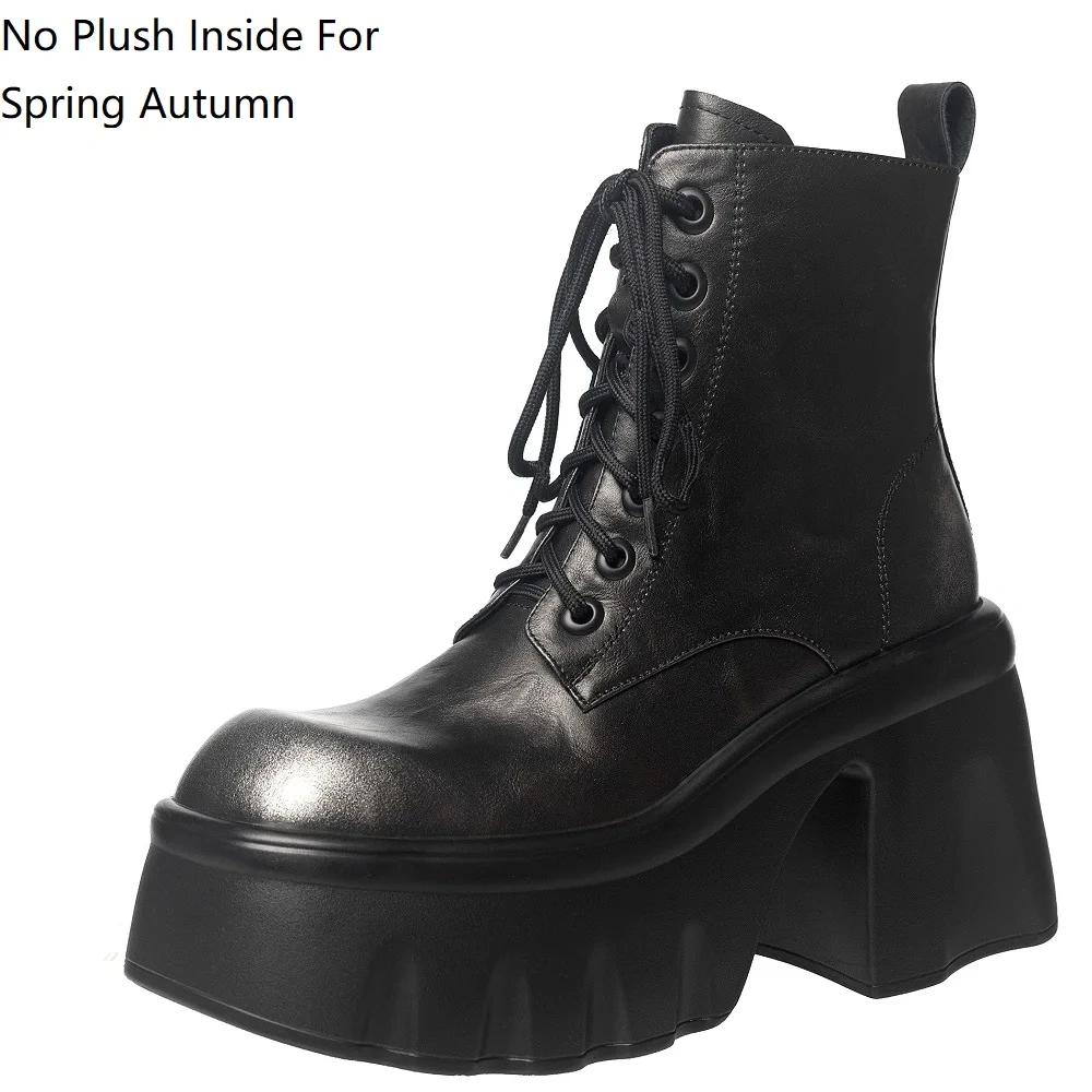 Autumn Winter Women's Genuine Leather 10 CM Block Heel Brush-Off Square Toe Zipper Platform Fleece-Lined Warm Ankle Boots 51121