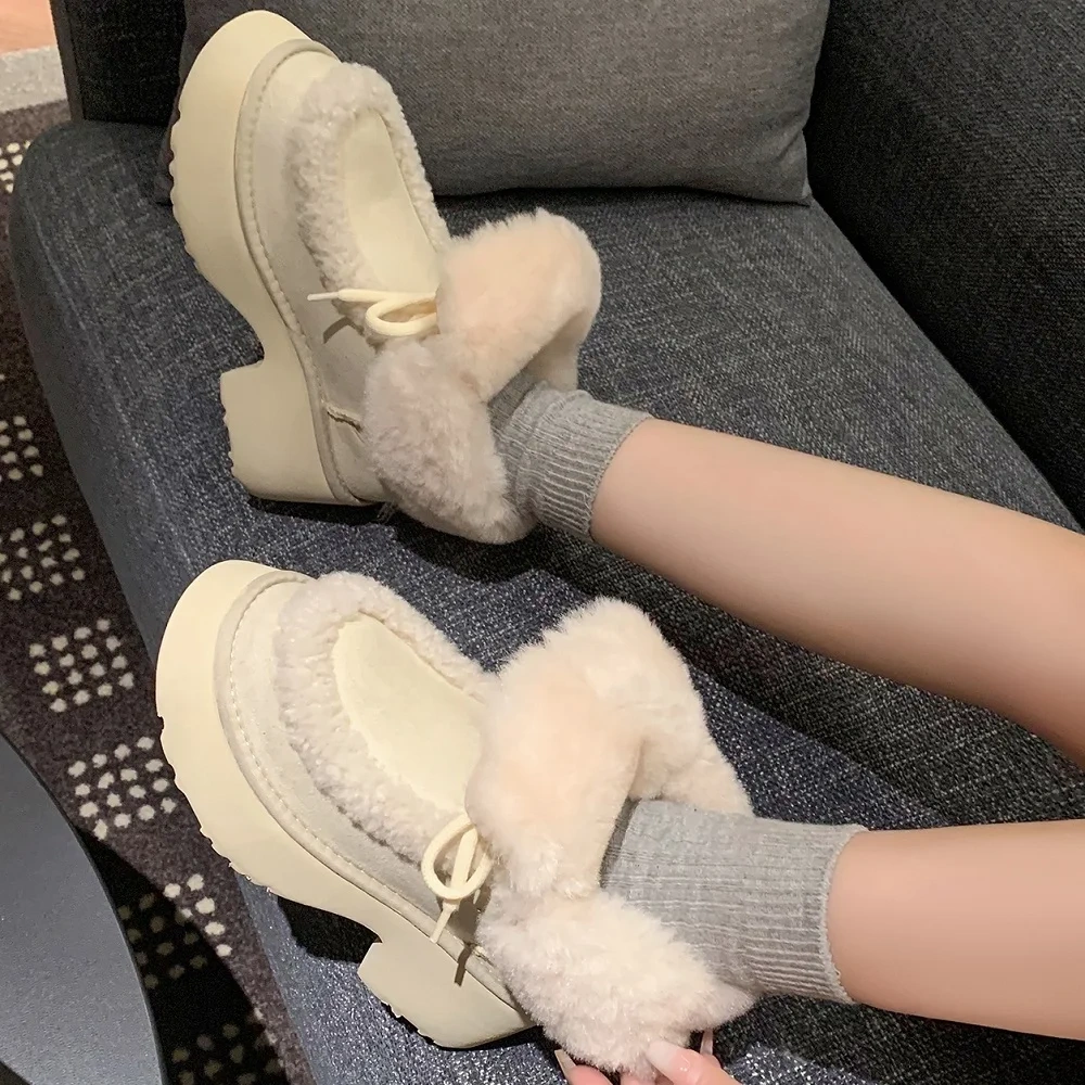 Winter New 7CM Square Heel Plus Size 42 Lace-Up Minimalist Casual Warm Fleece-Lined Round Toe Versatile Women's Snow Boots 51122