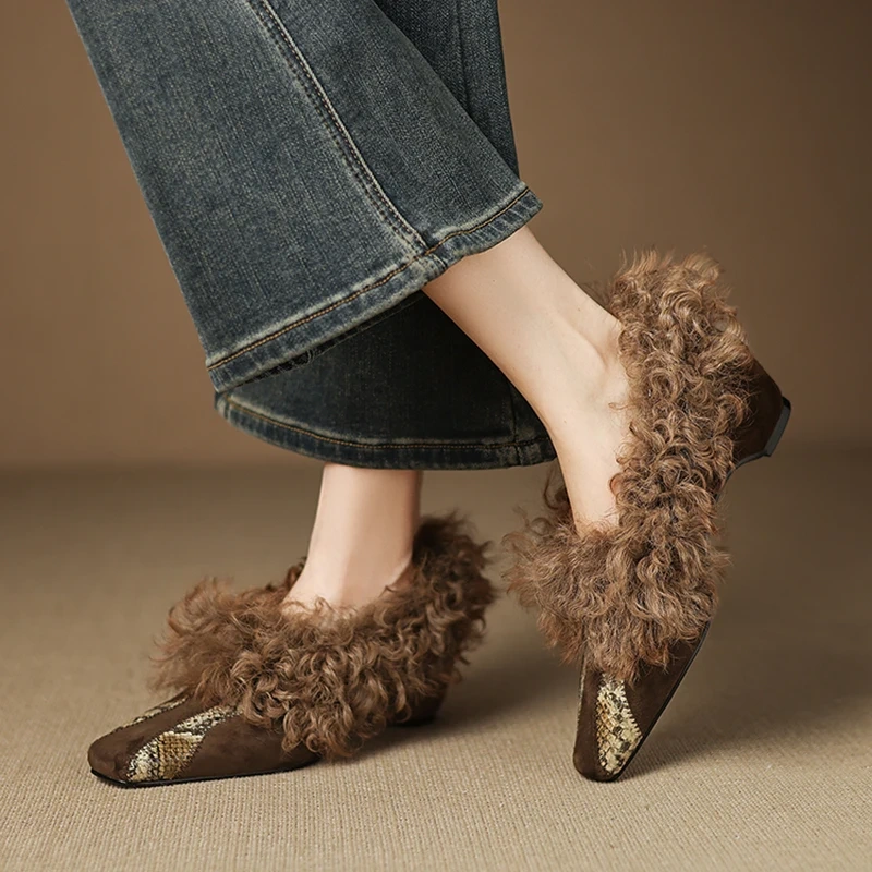 2025 Winter New Suede 4.5 CM Block Heel French Square Toe Lamb Wool Fashion Pumps Fleece-Lined Warm Slip-On Women's Shoes 51121