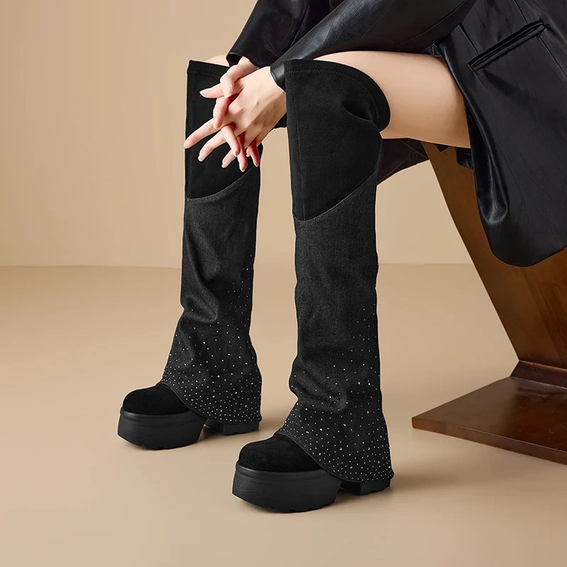 Women's 12 CM Block Heel Fashion Crystals Suede Slip On Round Toe Slimming Elevator Autumn Winter New Knee-High Boots 51118