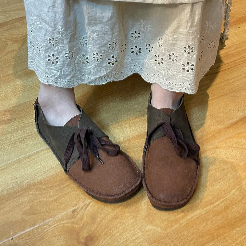 Spring Autumn Woman Genuine Leather Lace Up Smatched Colors Flat Single Shoes Lady Leisure Fashion Simple Round Toe Flats 220917