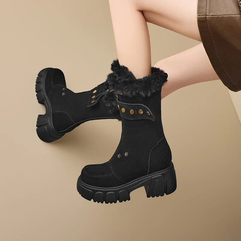 Suede Genuine Leather Fashion Rivets 10 CM Block Heel Elevator Slim Fleece Lined Platform Non-Slip Women's Mid-Calf Boots 51118