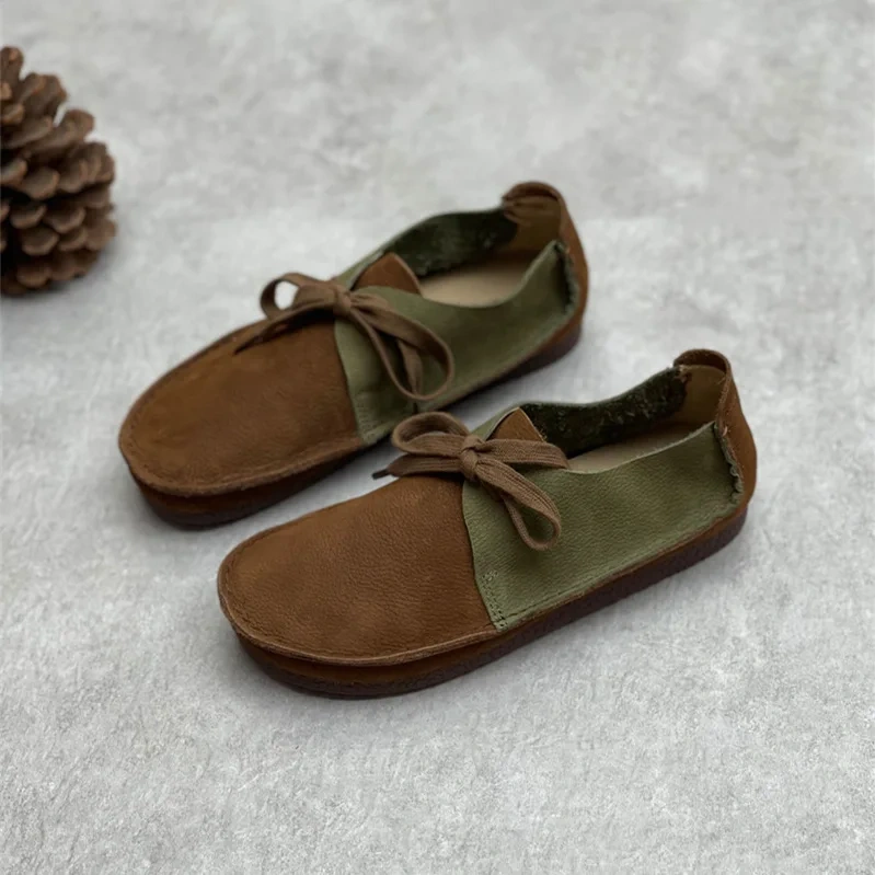 Spring Autumn Woman Genuine Leather Lace Up Smatched Colors Flat Single Shoes Lady Leisure Fashion Simple Round Toe Flats 220917