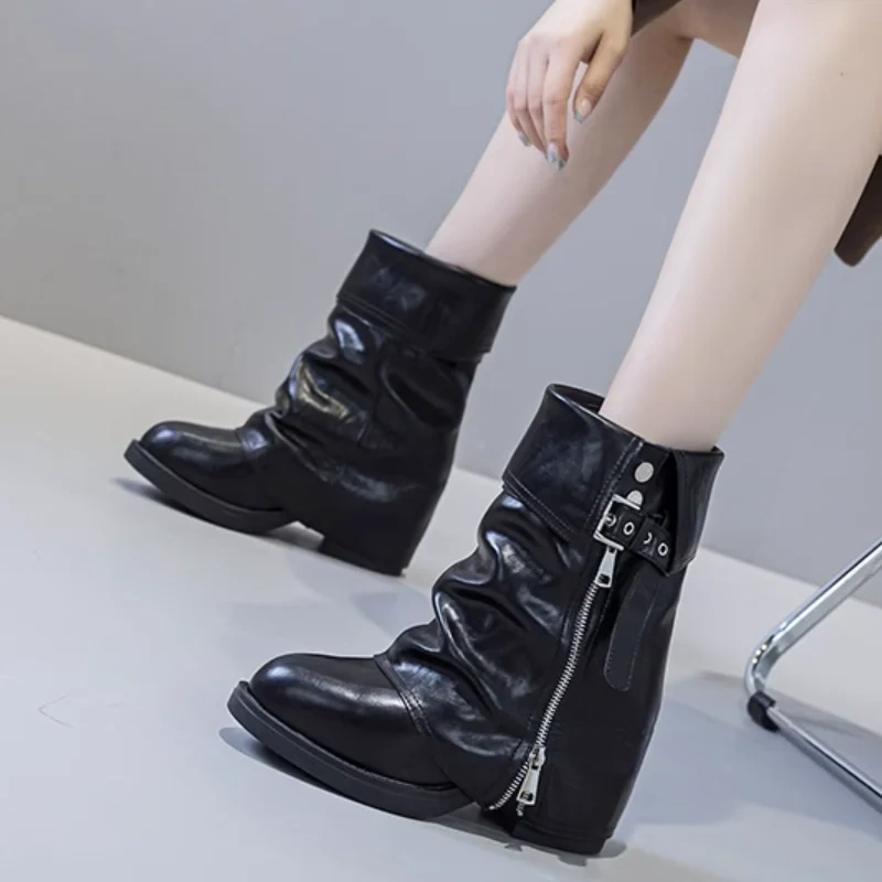 Women's Genuine Leather Retro Pointed Toe 12CM Block Heel Slimming Autumn Slip-On Belt Buckle & Fashion Zipper Ankle Boots 51126