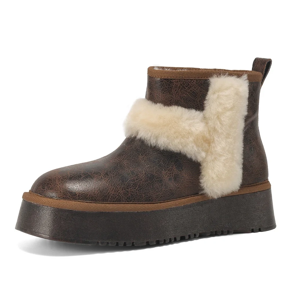 Winter Women's Genuine Leather 4.5 CM Thick Sole Plush Paneled Concise Platform Casual Round Toe Warm Non-Slip Ankle Boots 51119