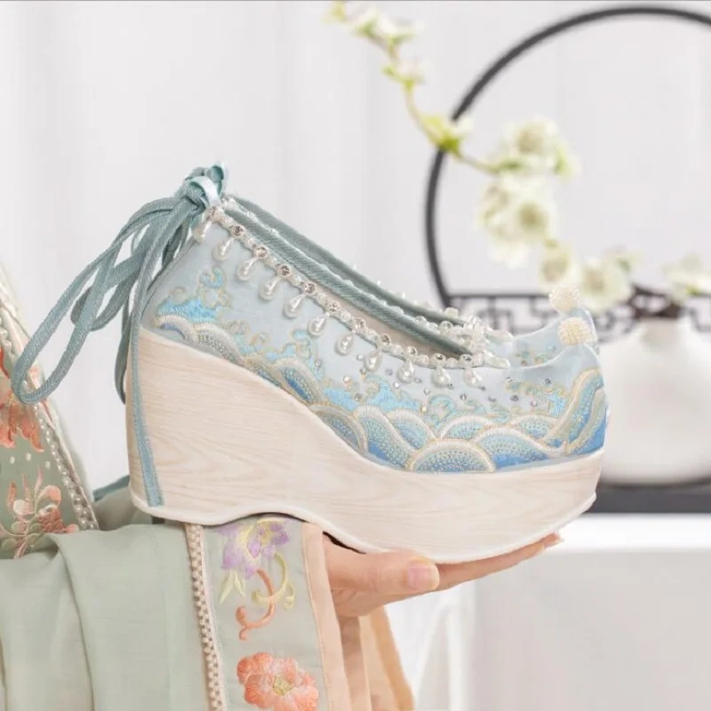 Spring Autumn National Style Wedges Point Toe Shallow Platform String Bead Embroider Canvas Women Casual Pumps Shoes 2107