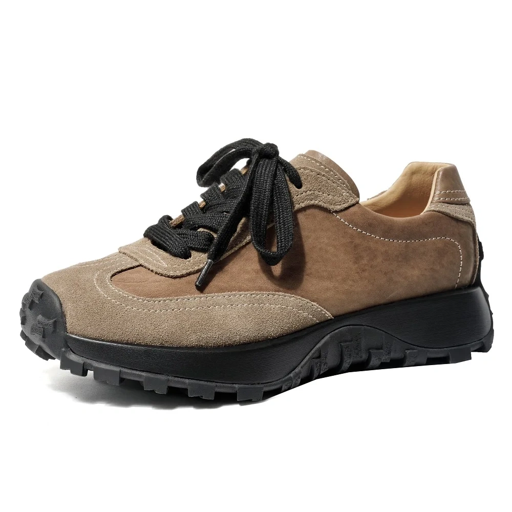 Retro Lace up Horsehide Women's Hiking Shoes Color Block Non Slip Wear Resistant 1.5 CM Height Increasing Stitched Casual Shoes