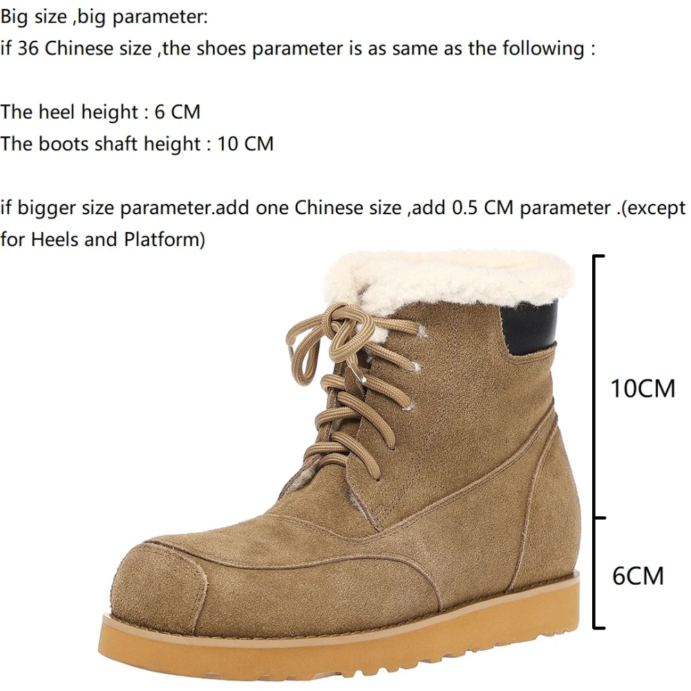 Warm Fleece Lined New Style Suede Genuine Leather Round Toe Lace Up Non-Slip Casual Khaki Winter Women's Ankle Boots 51119