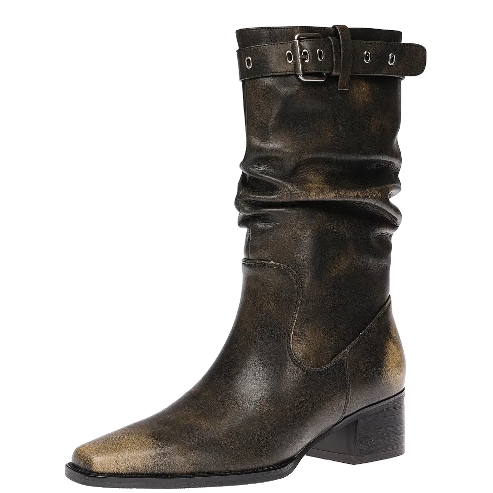 Women's Retro Distressed Genuine Leather Buckle 4.5CM Block Heel Soft Sole Plush Lined Warm Winter Autumn Lazy Style Boots 51103