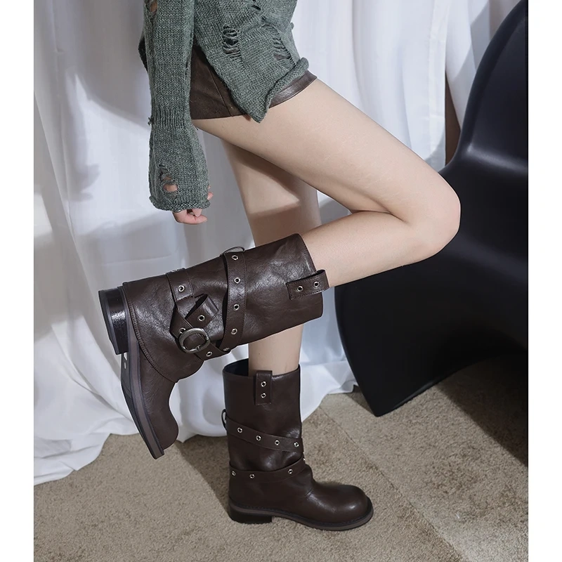 2025 Autumn Winter New Women's Maillard Vintage Genuine Leather Wrap Buckle Slip On 4 CM Block Heel Concise Mid-Calf Boots 51107