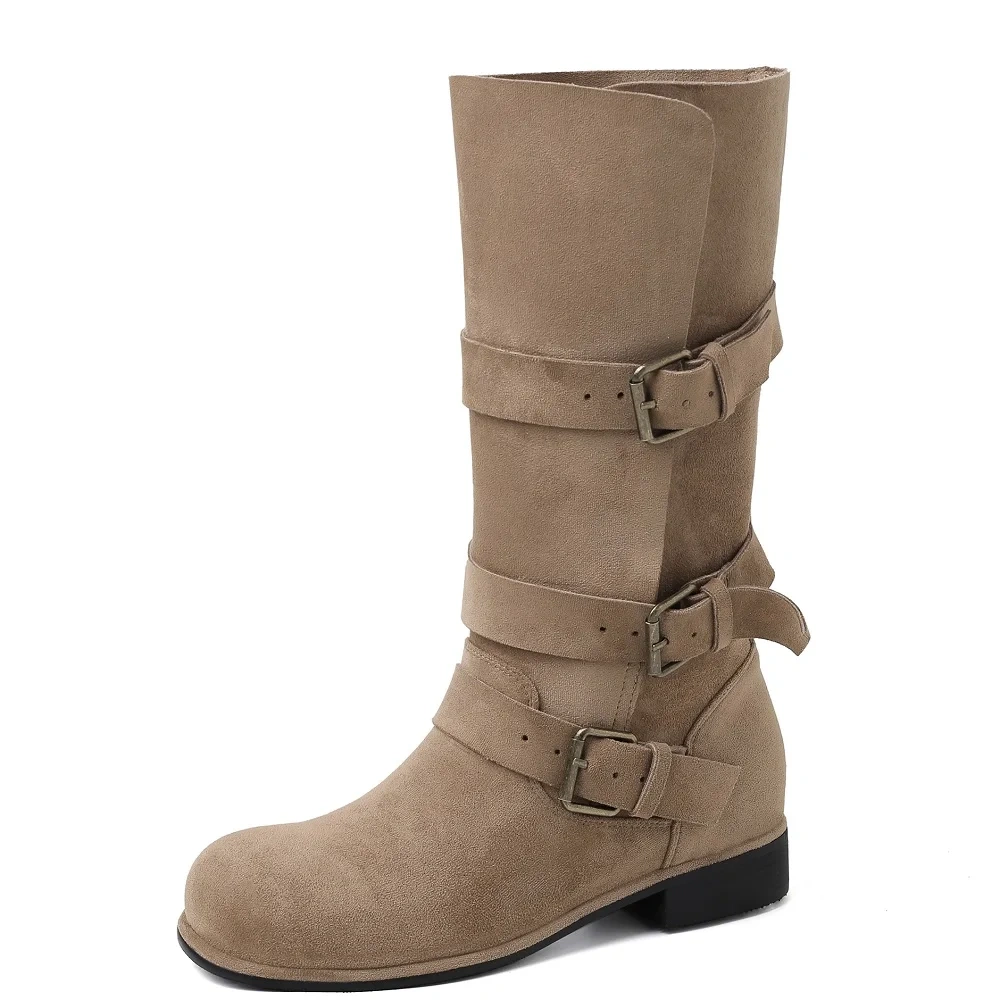 Autumn Winter Western Cowboy Women Suede Leather 3CM Block Heel Buckle Slip-On Casual Korean Plus Size 42 Mid-Calf Boots 51117