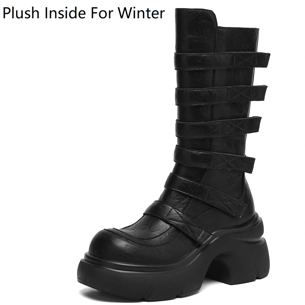 7CM Block Heel Leather Biker Boots Women's Zipper Platform British Retro Mid-Calf Boots 2025 Autumn Winter New Style 51031