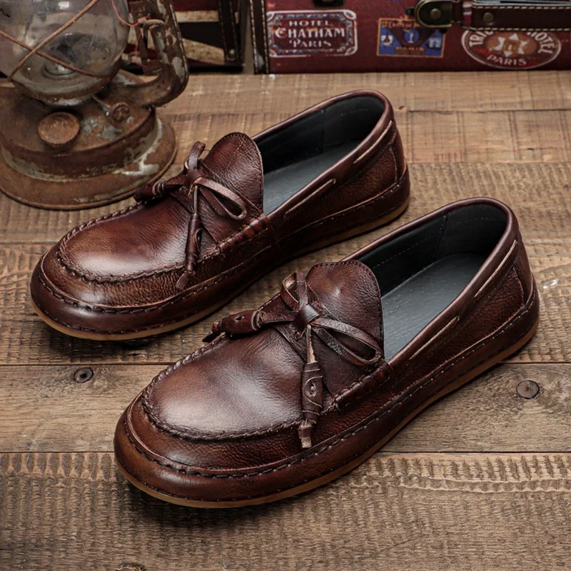 Spring Summer Men Brown Fashion British Style Round Toe Shoes New Arrival Full Grain Leather Breathable Shallow Mouth 230506