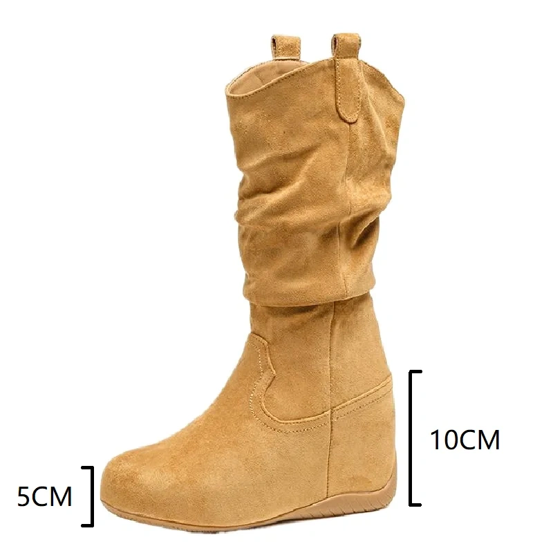 2025 New Women's Suede Leather Round Toe 10CM Hidden Heel Slim-Fit Fall Winter Versatile Casual Side Zipper Ruched Boots 51126