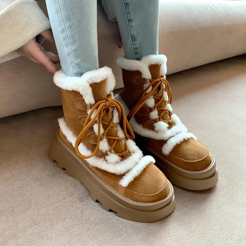 Winter New Women's Genuine Leather Snow Boots Matte Round Toe Lamb Wool Fleece-Lined Warm Lace-Up Casual Non-Slip Boots 51121