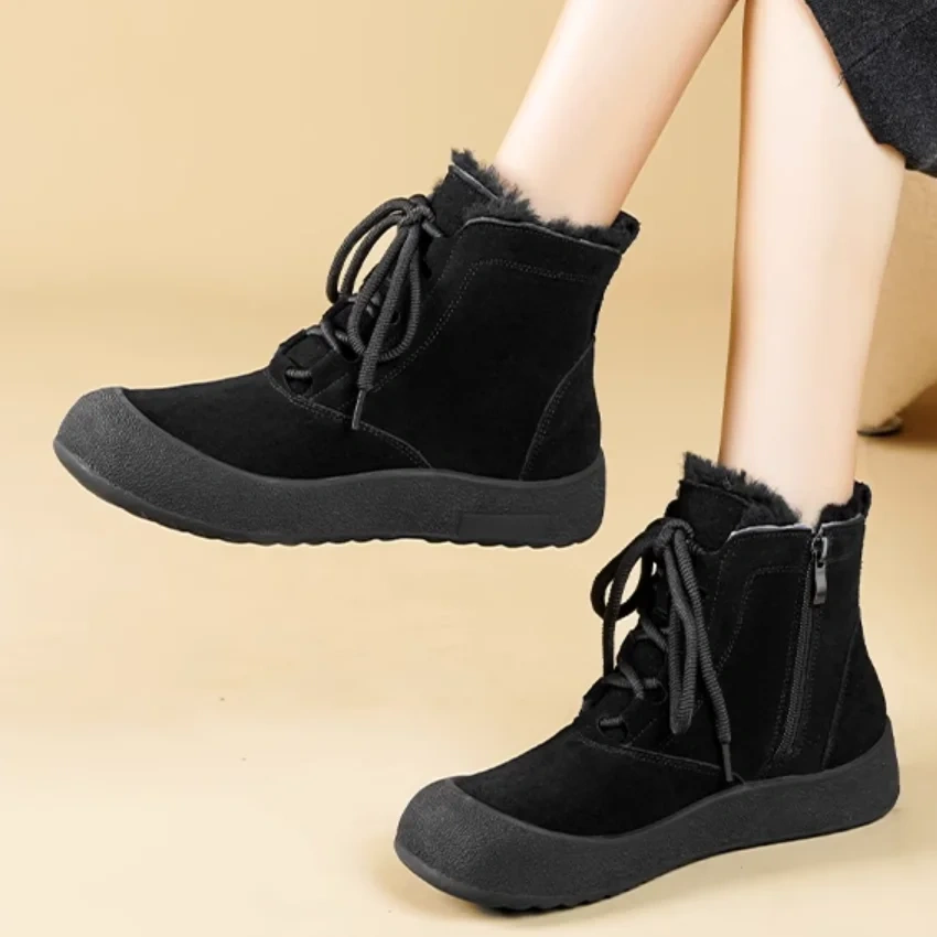 Women's New Winter Genuine Leather Round Toe Side Zipper 3.5 CM Thick Sole Warm Plush Lining Non-Slip Concise Snow Boots 51124