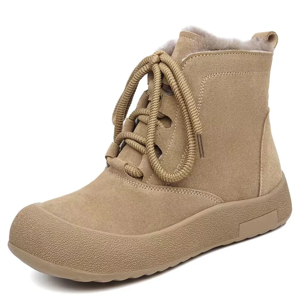 Women's New Winter Genuine Leather Round Toe Side Zipper 3.5 CM Thick Sole Warm Plush Lining Non-Slip Concise Snow Boots 51124