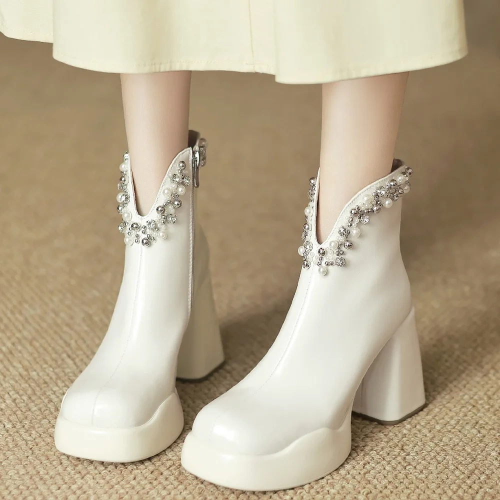 Fall Spring 10 CM Block Heel Women Genuine Leather Fashion V-Cut Zipper Pearl Crystals Winter Plush Slim-Fit Ankle Boots 51129