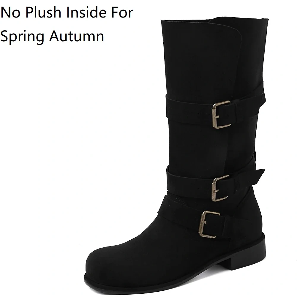 Autumn Winter Western Cowboy Women Suede Leather 3CM Block Heel Buckle Slip-On Casual Korean Plus Size 42 Mid-Calf Boots 51117