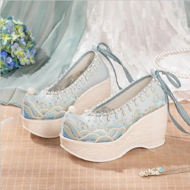 Spring Autumn National Style Wedges Point Toe Shallow Platform String Bead Embroider Canvas Women Casual Pumps Shoes 2107