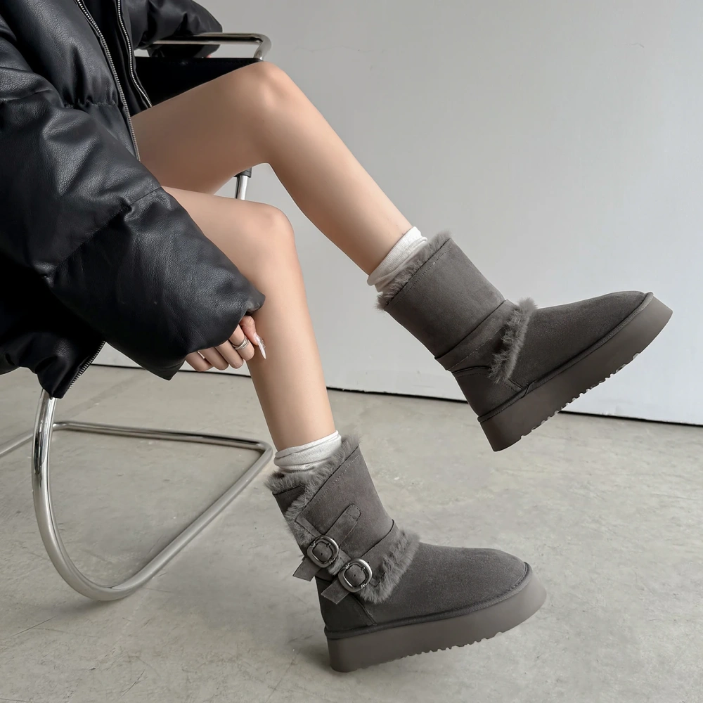 4CM Platform Buckle Genuine Leather Slip-On Winter Fleece Lined Non-Slip Round Toe Casual Women's Plus Size 42 Ankle Boots 51117