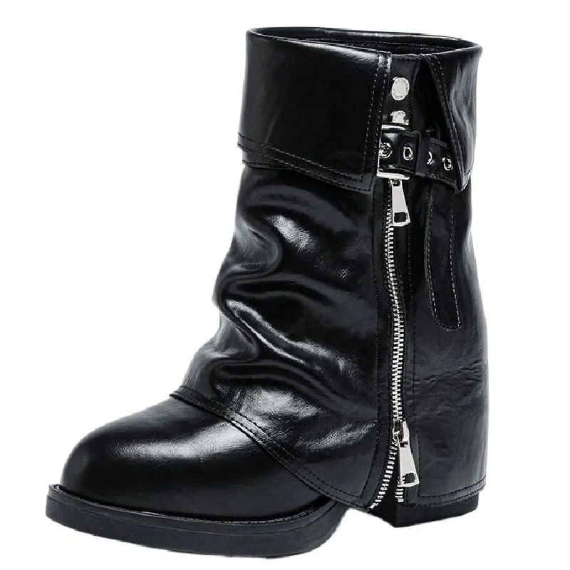 Women's Genuine Leather Retro Pointed Toe 12CM Block Heel Slimming Autumn Slip-On Belt Buckle & Fashion Zipper Ankle Boots 51126