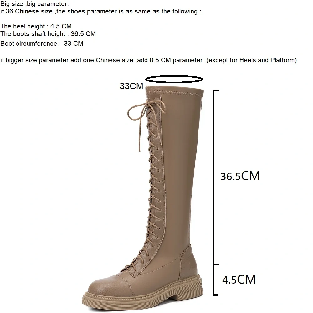Women's Genuine Leather 4.5 CM Platform Lace-Up Fall Spring Boots Winter Light Fleece-Lined Back Zipper Knight Knee-High Boots