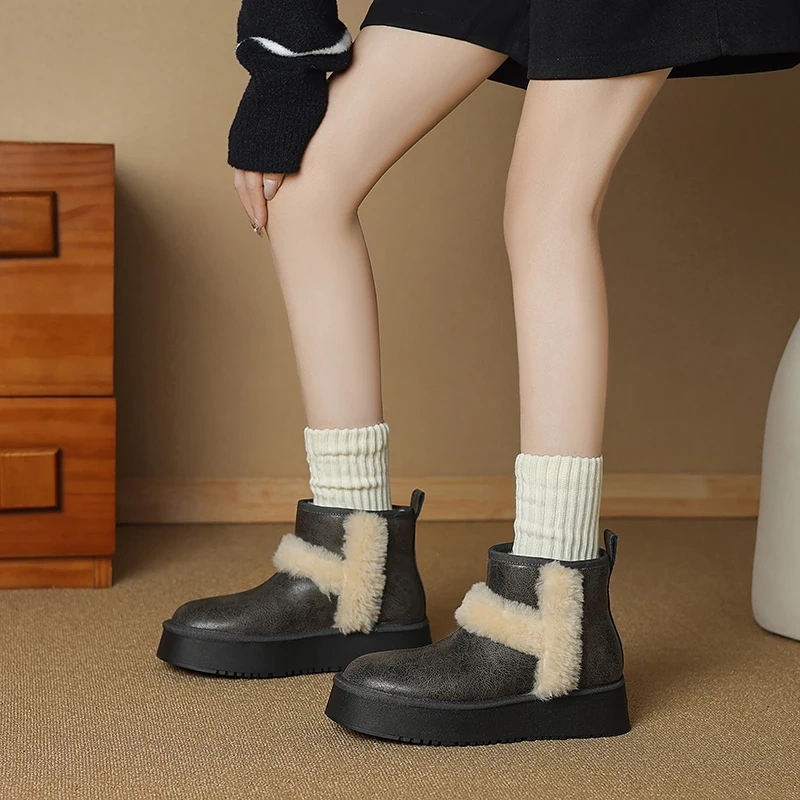 Winter Women's Genuine Leather 4.5 CM Thick Sole Plush Paneled Concise Platform Casual Round Toe Warm Non-Slip Ankle Boots 51119