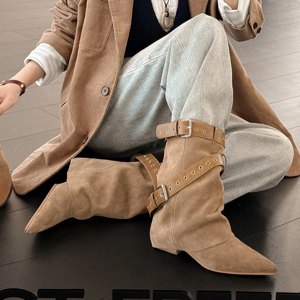 Pointed Toe Knight Boots Women Warm Winter Suede Leather Slip On Wrap Belt Buckle 3 CM Heel Spring Autumn Mid-Calf Boots 51129