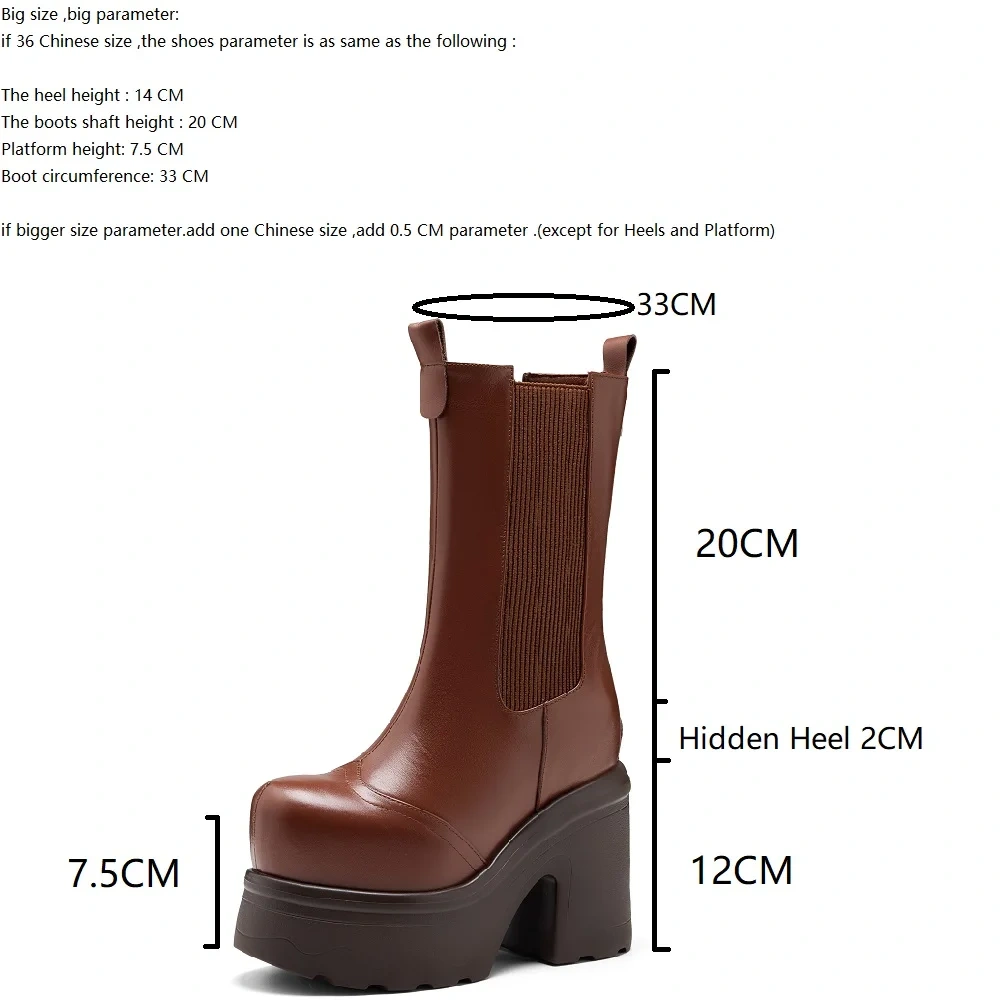 Women's 14CM Block Heel Real Leather Spring Autumn Winter Round Toe Slip-On Platform Anti-Slip Comfortable Mid-Calf Boots 51125