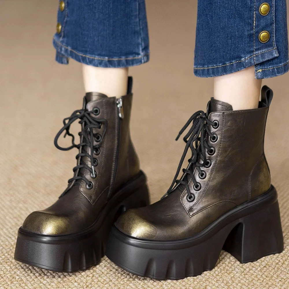 Autumn Winter Women's Genuine Leather 10 CM Block Heel Brush-Off Square Toe Zipper Platform Fleece-Lined Warm Ankle Boots 51121