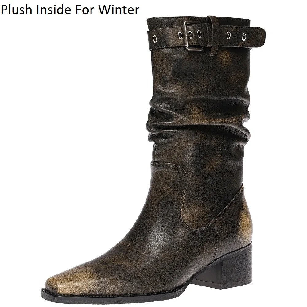 Women's Retro Distressed Genuine Leather Buckle 4.5CM Block Heel Soft Sole Plush Lined Warm Winter Autumn Lazy Style Boots 51103
