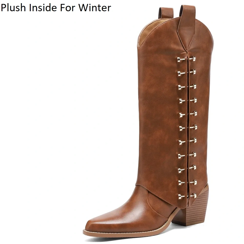 Autumn Winter Retro Maillard Style Women's Genuine Leather 7CM Block Heel Pointed Toe Fashion Rivets Niche Mid-Calf Boots 51119