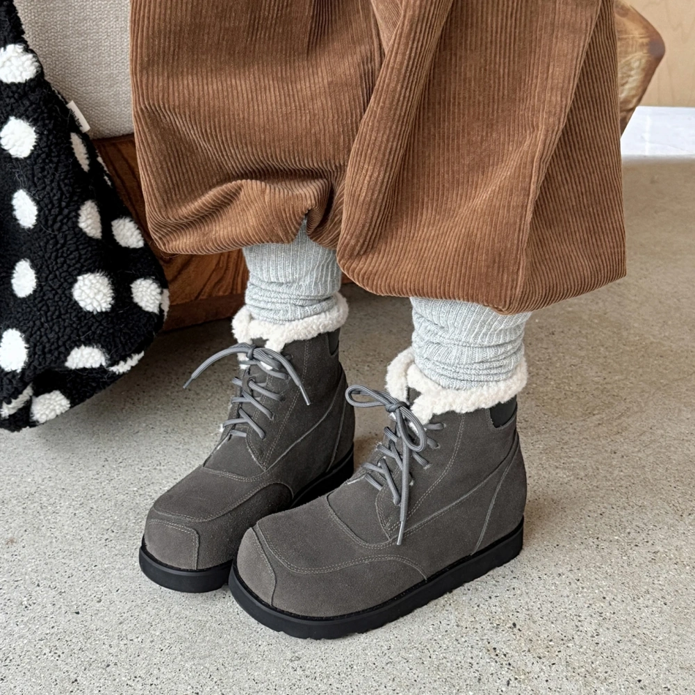 Warm Fleece Lined New Style Suede Genuine Leather Round Toe Lace Up Non-Slip Casual Khaki Winter Women's Ankle Boots 51119