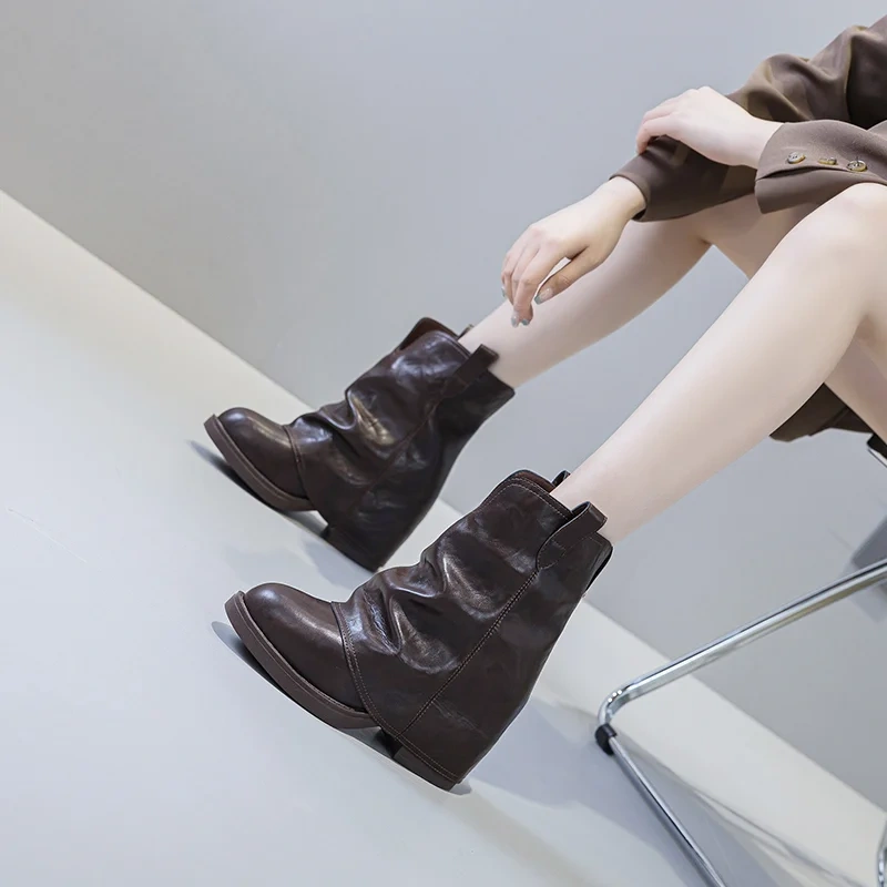 Autumn Winter New 12 CM Block Heel Pointed Toe Slip-On Retro Genuine Leather Concise Versatile Slimming Women Ankle Boots 51126