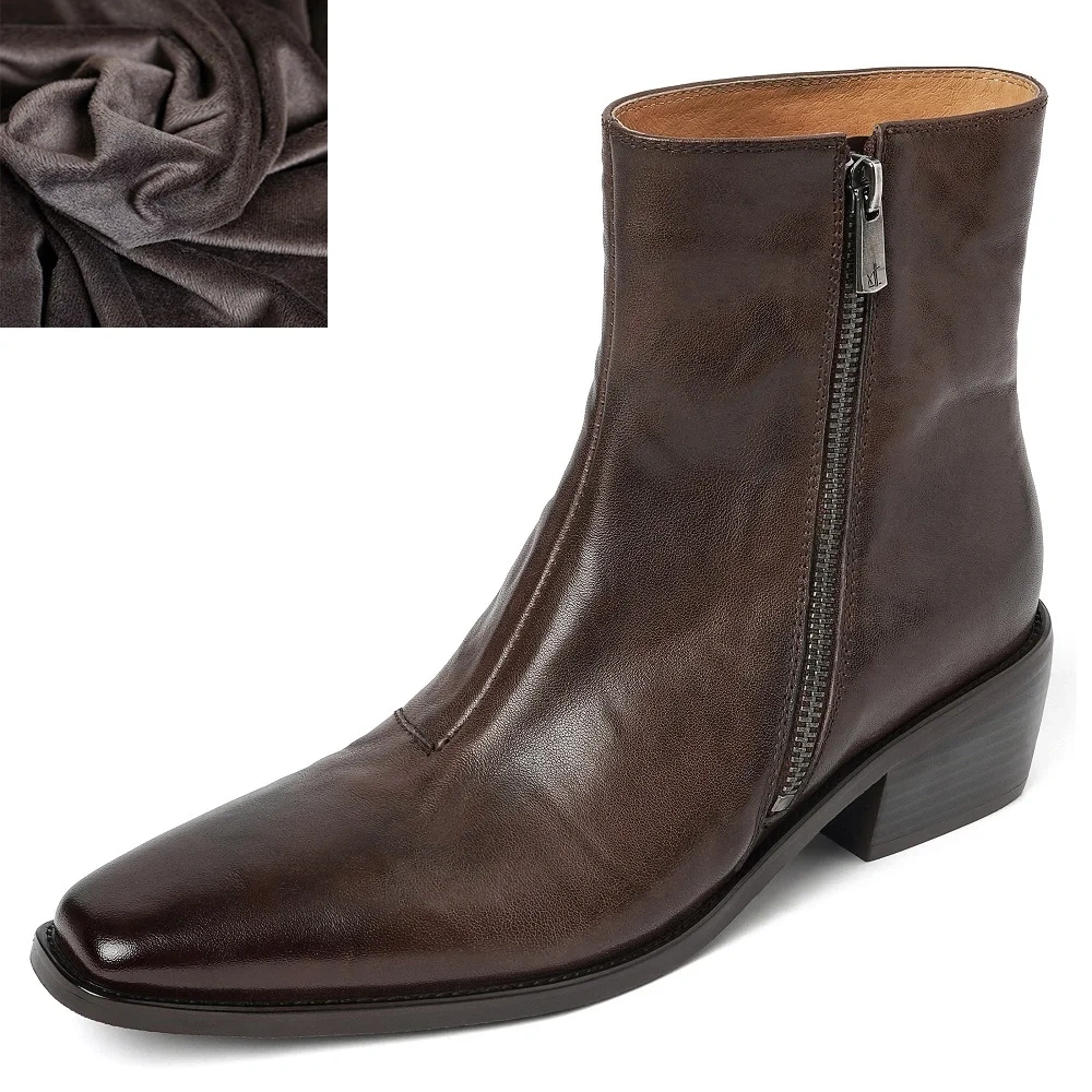 Women's Spring Autumn Chunky Heel 4.5 CM Genuine Leather Fashion Side Zipper Winter Fleece Lined Versatile Ankle Boots 60102