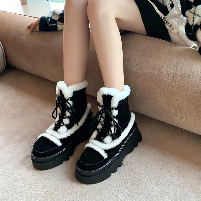 Winter New Women's Genuine Leather Snow Boots Matte Round Toe Lamb Wool Fleece-Lined Warm Lace-Up Casual Non-Slip Boots 51121