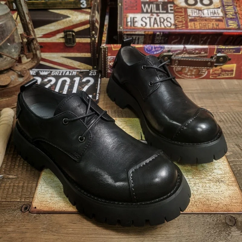 Spring Autmun New Arrival British Style Retro Chunky Bottom Platform Sewing Cross-tied Genuine Leather Men Work Shoes 2305