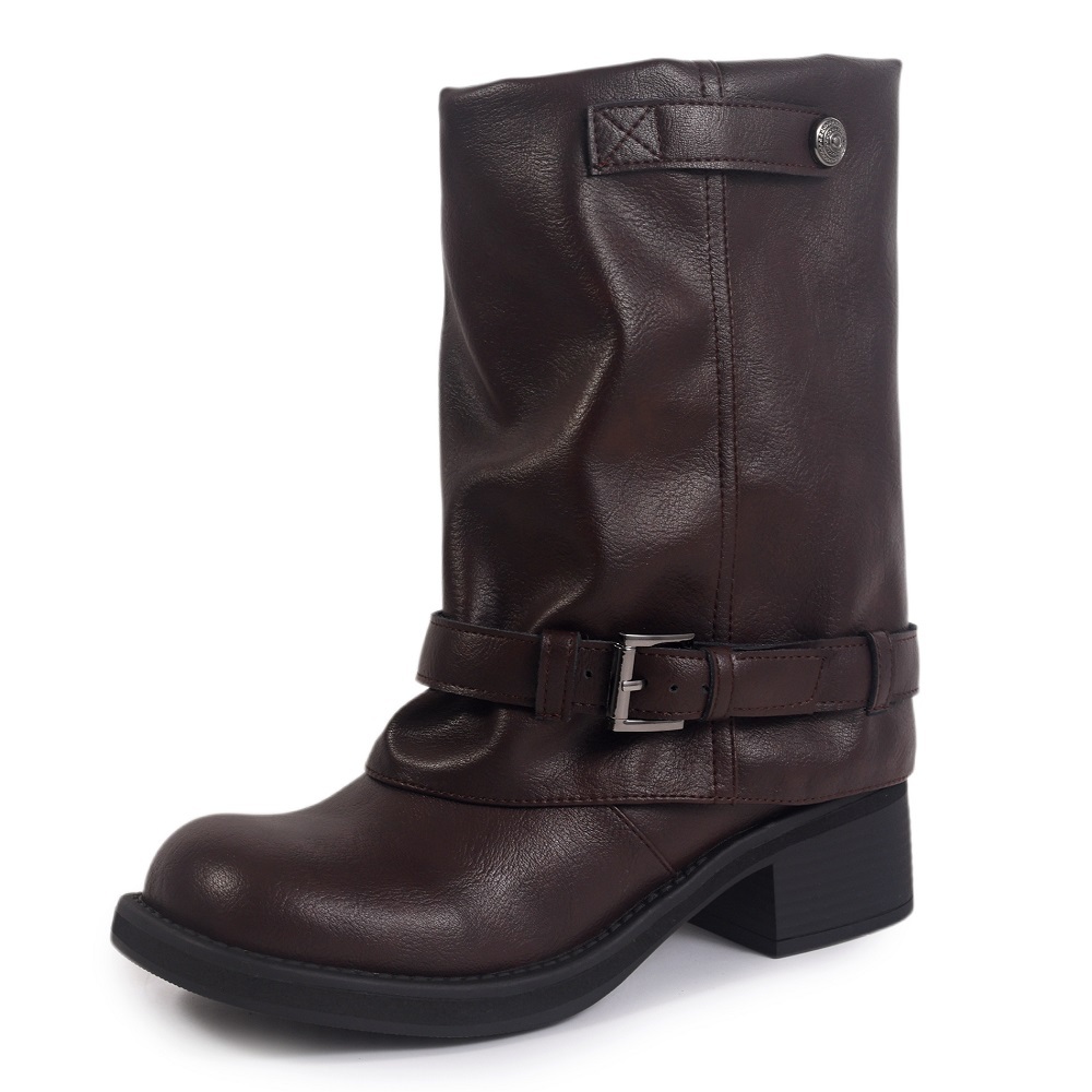 Unique Hot Girl Biker Boots Spring Autumn New Retro British Style 4.5 CM Block Heel Slip On Genuine Leather Buckle Ankle Boots 60114